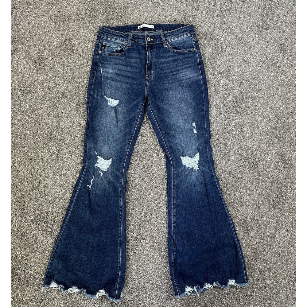 KanCan Mid/Rise Super Flare Jeans Women's 29 Frayed Hem Dark Wash 32" Inseam